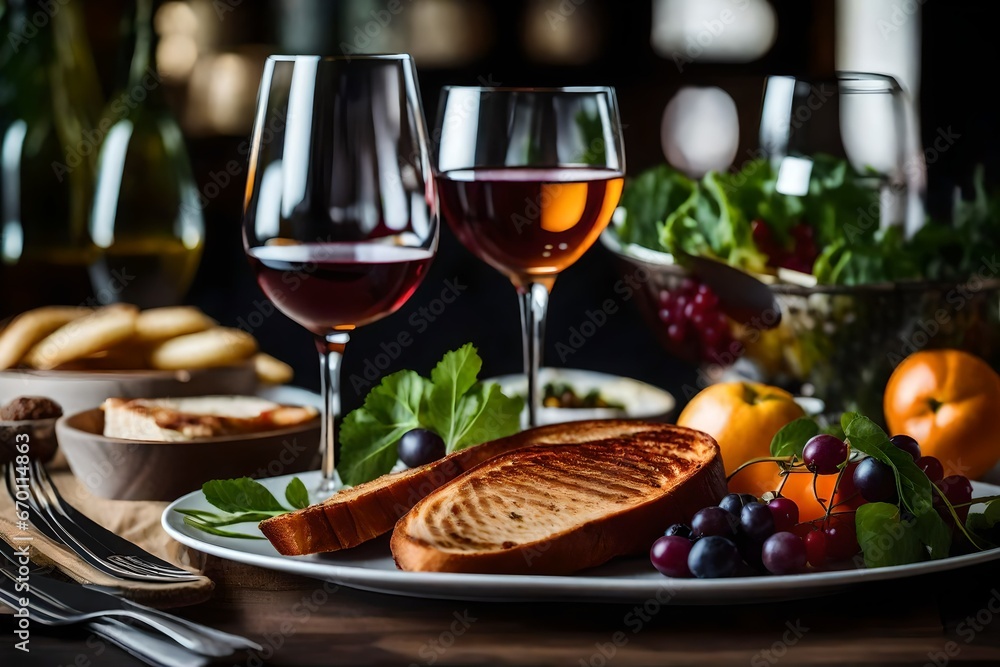  glass of wine and a platter of food