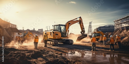 Construction site: team of workers against the backdrop of large construction vehicles. Bulldozers and excavators. Process of preparing the foundation of a building. photo
