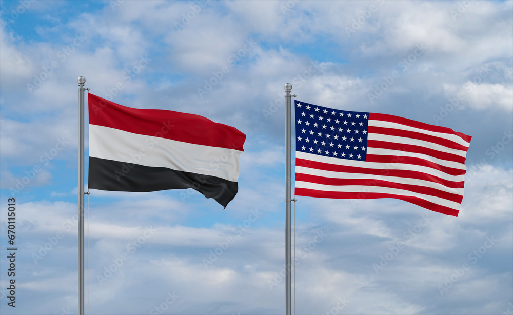 USA and Yemen flags, country relationship concepts USA and Yemen flags, country relationship concepts
