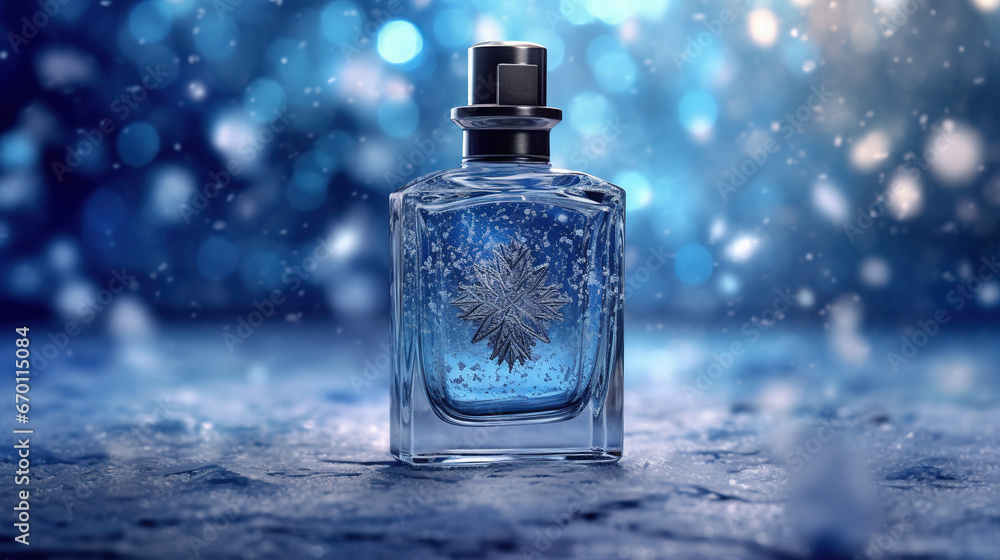 close up of perfume bottle with snowflake decor on blue bokeh background, holiday advertising close up of perfume bottle with snowflake decor on blue bokeh background, holiday advertising
