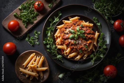 Penne pasta with tomato sauce meat and pea sprouts on a dark table top view 