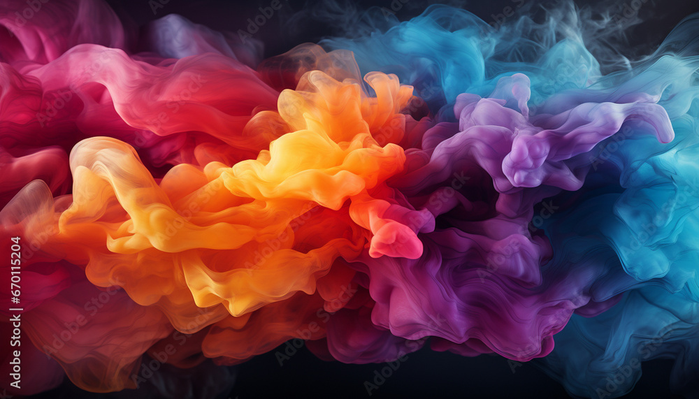 Vivid plumes of orange, blue, purple, and red smoke intertwine, creating a captivating dance of colors against a dark backdrop Vivid plumes of orange, blue, purple, and red smoke intertwine, creating a captivating dance of colors against a dark backdrop