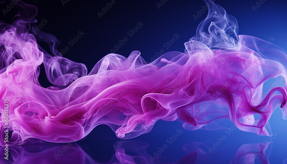 Delicate swirls of pink and purple smoke gracefully dance against a deep blue background, creating an ethereal and mesmerizing visual experience