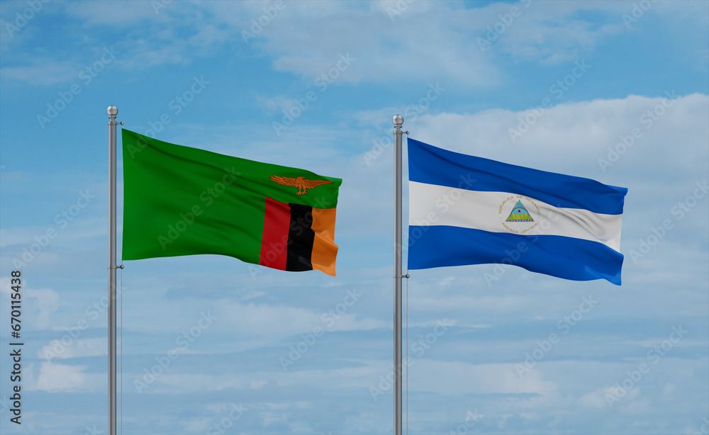 Nicaragua and Zambia flags, country relationship concept