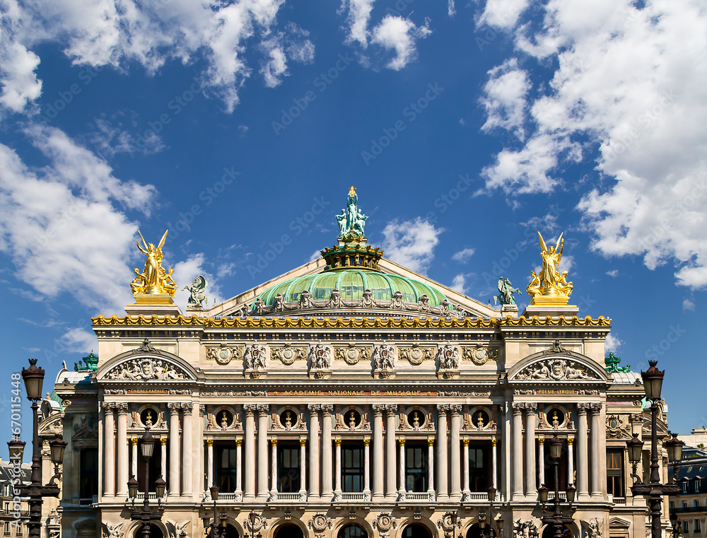 Opera Garnier (Garnier Palace)  against the background of a beautiful sky with clouds, Paris, France. Translation: national Academy of Music. UNESCO World Heritage Site