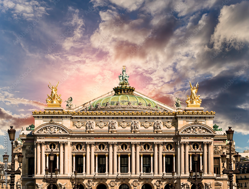 Opera Garnier (Garnier Palace)  against the background of a beautiful sky at sunset, Paris, France. Translation: national Academy of Music. UNESCO World Heritage Site