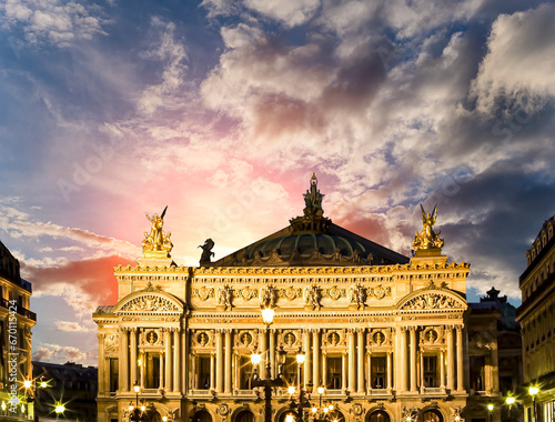 Opera Garnier  Garnier Palace   against the background of a beautiful sky at sunset  Paris  France. Translation  national Academy of Music. UNESCO World Heritage Site