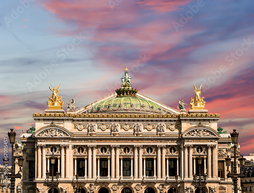 Opera Garnier (Garnier Palace) against the background of a beautiful sky at sunset, Paris, France. Translation: national Academy of Music. UNESCO World Heritage Site