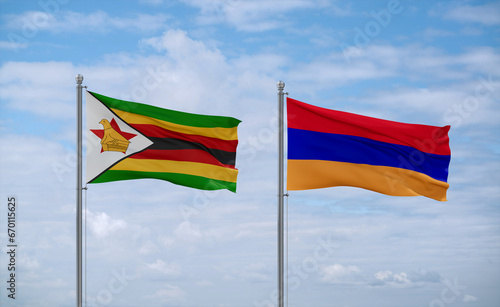 Armenia and Zimbabwe flags, country relationship concept
