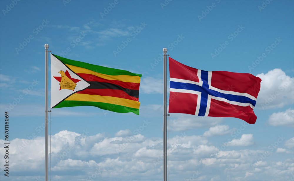 Norway and Zimbabwe flags, country relationship concept
