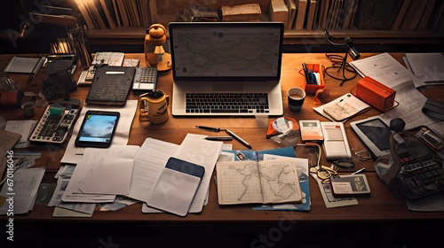 Organized Disorder: A Busy Desk with Gadgets and Notes photo