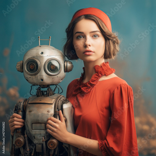 
Vintage portrait of a young beautiful girl and a robot creates a concept of confrontation between humanity and artificial intelligence.