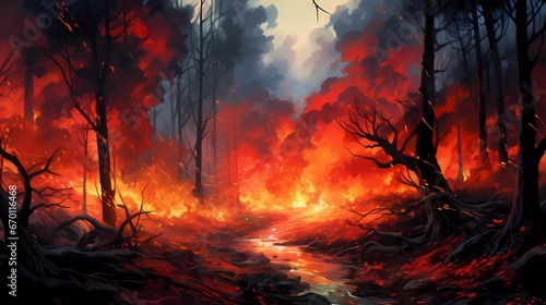 Environmental Warning: Intense Forest Fire Burning Trees