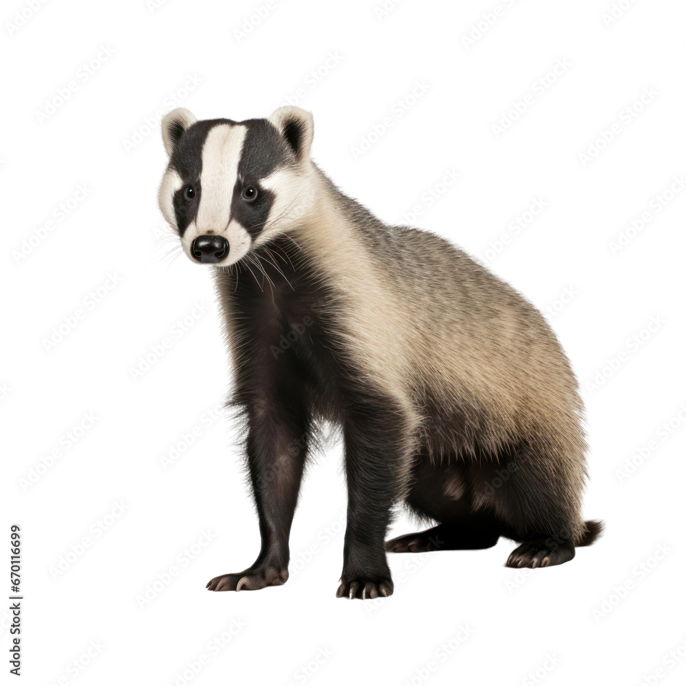 Beautiful badger isolated on white or transparent background, png clipart, design element. Easy to place on any other background.