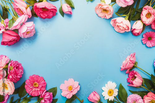 Frame made of flowers on a blue pastel background. Banner template with place for text. Generated AI