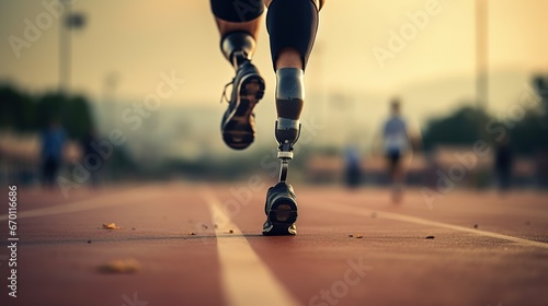 A person with prosthetic leg is jogging. Person with disability in positive lifestyle photo