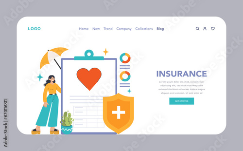Insurance web banner or landing page. Security of life and property. Healthcare and first aid. Emergencies compensation or clinic services spendings coverage. Flat vector illustration