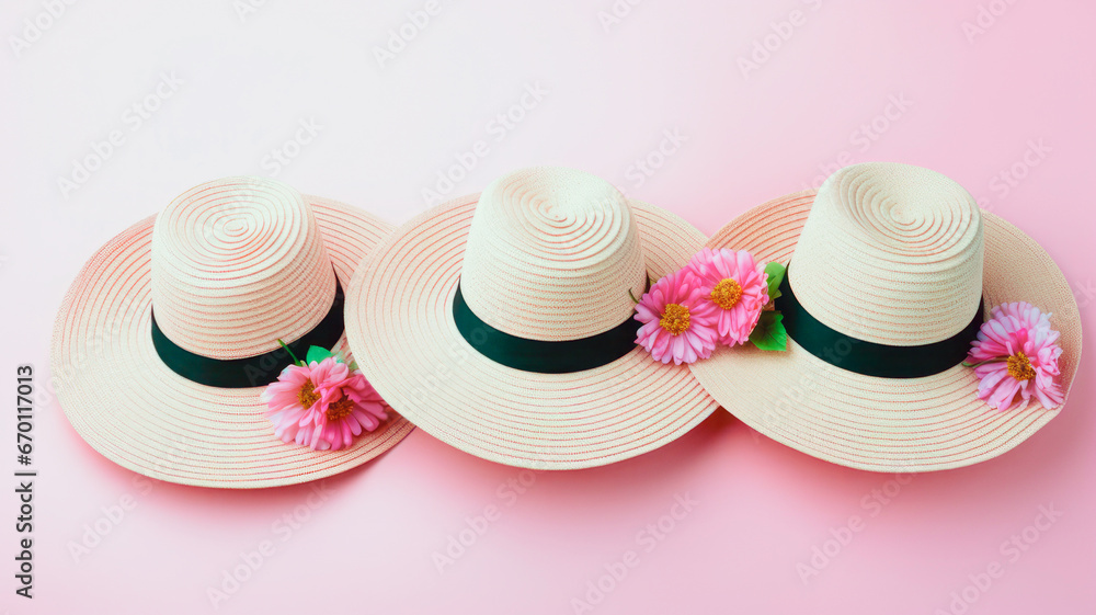 Three straw hats adorned with flowers on a pastel pink background.