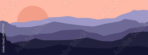 Wide Mountain Sunset Landscape Simple Vector Banner Illustration