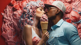 
On a romantic love date, a young couple, overwhelmed with love and happiness, enjoy a delectable ice cream cone. This is their moment on Valentine's Day, filled with love and sweet shared moments.