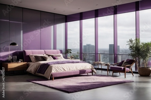 A spacious bedroom in grey and purple tones with glass walls 