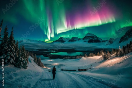 hut in the snow with burning  and pink and green lights apper in the sky 