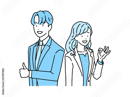 ポジティブな表情でグッドサインをするビジネスパーソン　男性と女性