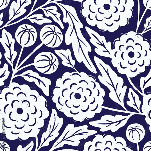 Seamless vector pattern with white chrysanthemum flowers, buds, and leaves on a navy blue background. Bold modern botanical perfect for fabric, stationery, wallpaper, scrapbooking, accessories.
