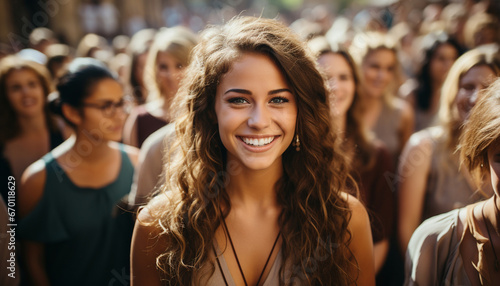 Radiant young woman with curly hair smiling brightly, standing out amid a bustling crowd bathed in sunlight.