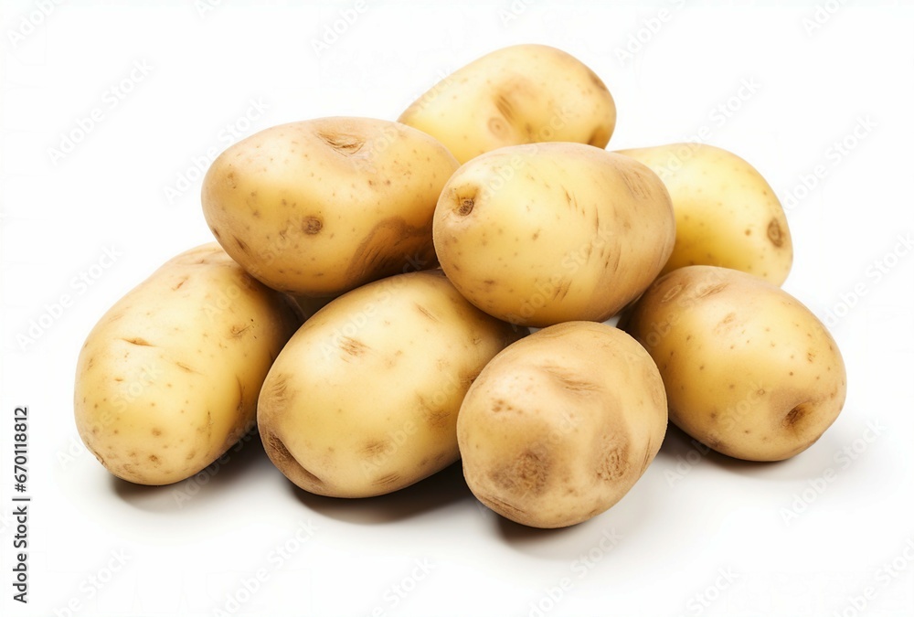 stack of potatoes on a clean white surface stack of potatoes on a clean white surface