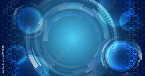 Hi-tech vector illustration with various technology elements. Abstract global sci fi concept. Digital internet communication on a blue background. Wide Cyber security internet and networking concept.