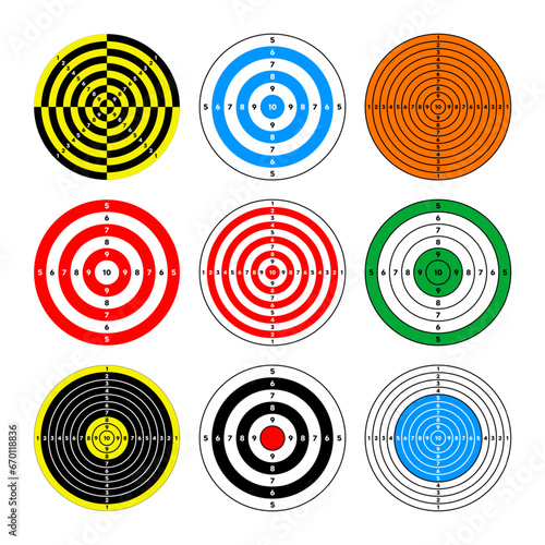 Shooting range paper targets. Round target with divisions, marks and numbers. Archery, gun shooting practise and training, sport competition and hunting. Bullseye and aim. Vector illustration