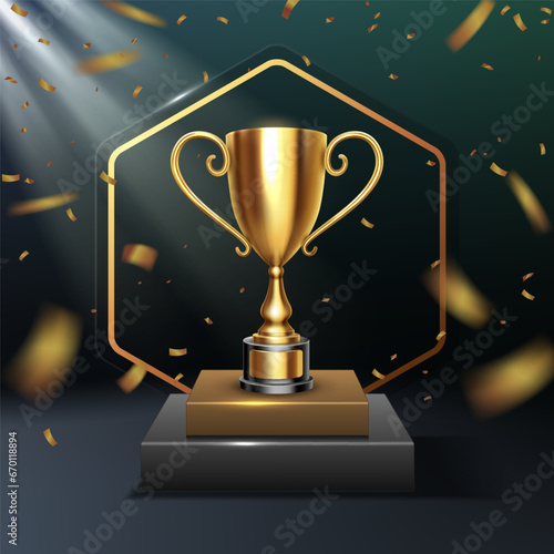 Shiny Golden Trophy on Luxury Podium with Golden Confetti Falls, Victory Celebration, Vector Illustration