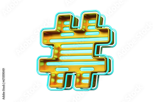 Gaming style hashtag 3D symbol in metallic gold with bright blueneon lines. High quality 3D rendering. photo