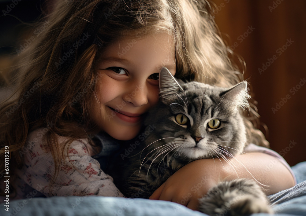 Happy little girl laughing while playing with her kitten. AI generative. Happy little girl laughing while playing with her kitten. AI generative.