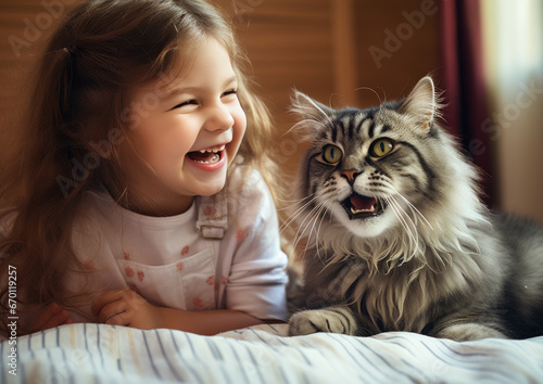 Happy little girl laughing while playing with her kitten. AI generative.