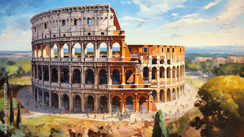 oil painting on canvas, Rome, Italy. The Colosseum or Coliseum at sunrise.