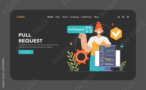 Open source web banner or landing page dark or night mode. Software with code available for use, modification, and distribution. Collaborative free accessible software. Flat vector illustration