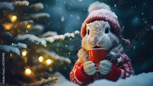 A cheerful cute rabbit in a knitted hat drinks cocoa from a cup against the background of a winter forest with fir trees, snow and colorful lights. Postcard for the New Year holidays.