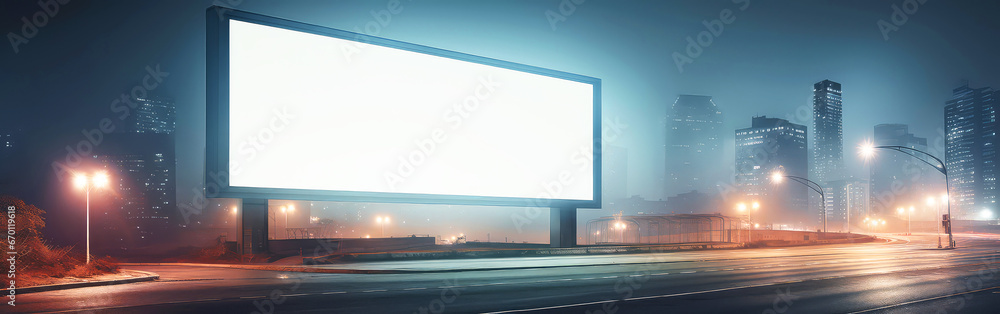 An empty huge poster mockup on the roof of a mall; white template placeholder of an advertising billboard on the rooftop of a modern building framed by trees; blank mock-up of an outdoor info banner - obrazy, fototapety, plakaty 