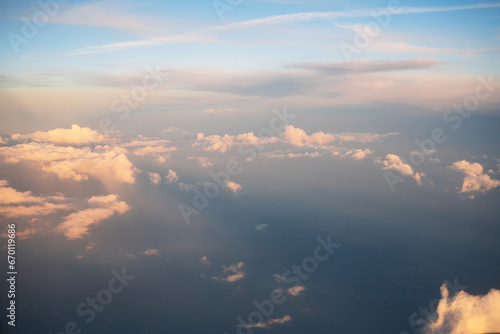 Clouds and sky from airplane window view