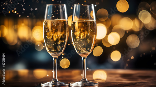 A champagne toast, with sparkling bubbles as the background, during a glamorous New Year's Eve party