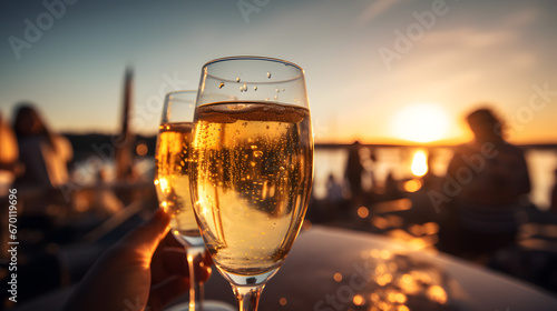 A champagne toast, with sparkling bubbles as the background, during a glamorous New Year's Eve party