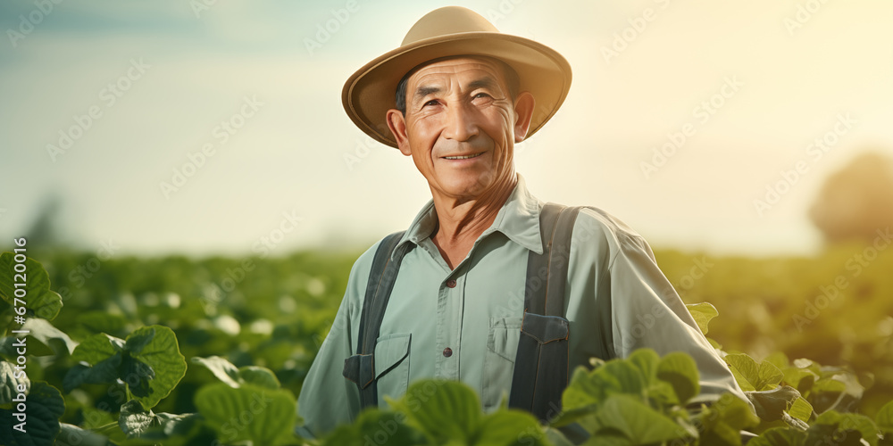 Senior experienced farmer standing in soybean field examining crop at sunset, generative ai