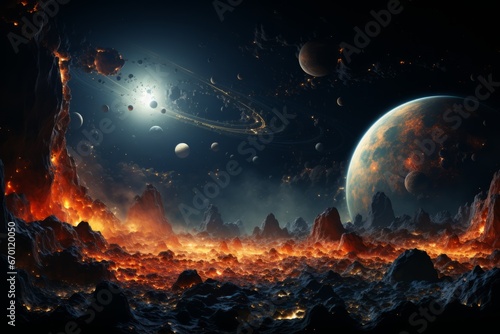 Deep space planets, awesome science fiction wallpaper, cosmic landscape.  photo
