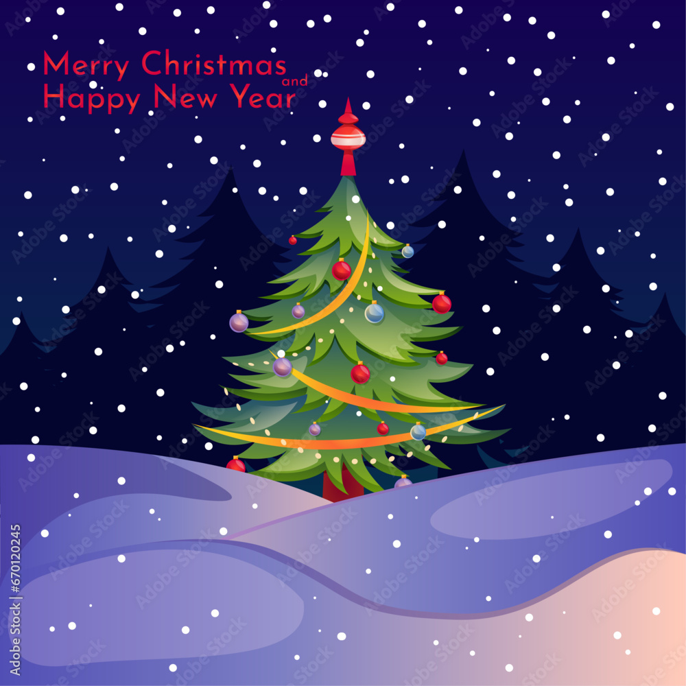 Merry Christmas greeting card. Cartoon Christmas tree nad snow vector illustrations for background, party invitation, website banner, social media banner, marketing material. New year illustration