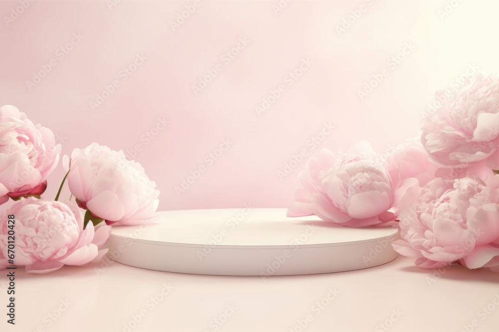 Product podium with pink peonies in spring pastel colors for product presentation. Mockup for branding, packaging - obrazy, fototapety, plakaty 