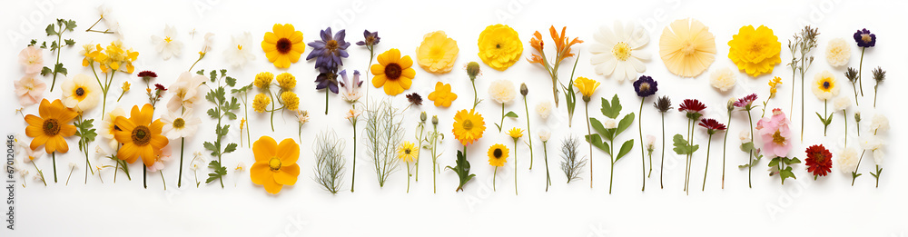 Naklejka premium Vibrant Multicolored Flowers on White Background Collage-Inspired In High-Resolution