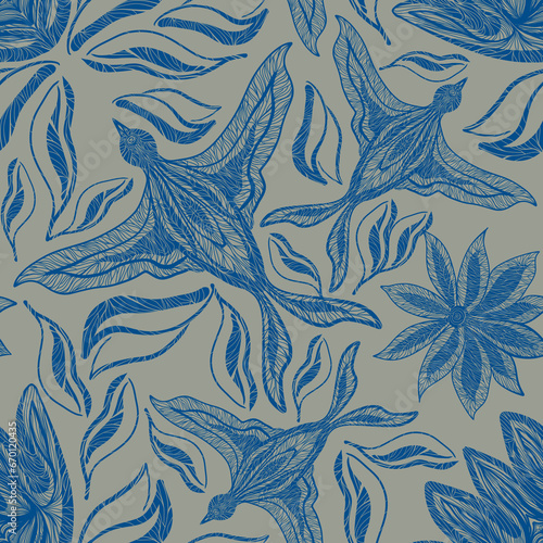 Seamless pattern, blue stylized graphic birds with flowers on a gray background. Digital illustration. Suitable for interior, wallpaper, fabrics, clothing, stationery.