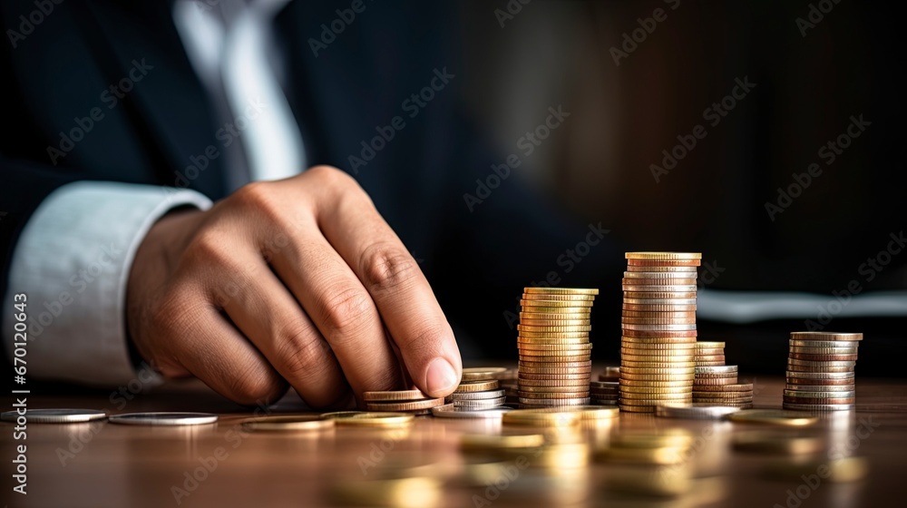Business banner with copy space. Hand putting money coin stack with growing business. Business banner with copy space. Hand putting money coin stack with growing business.